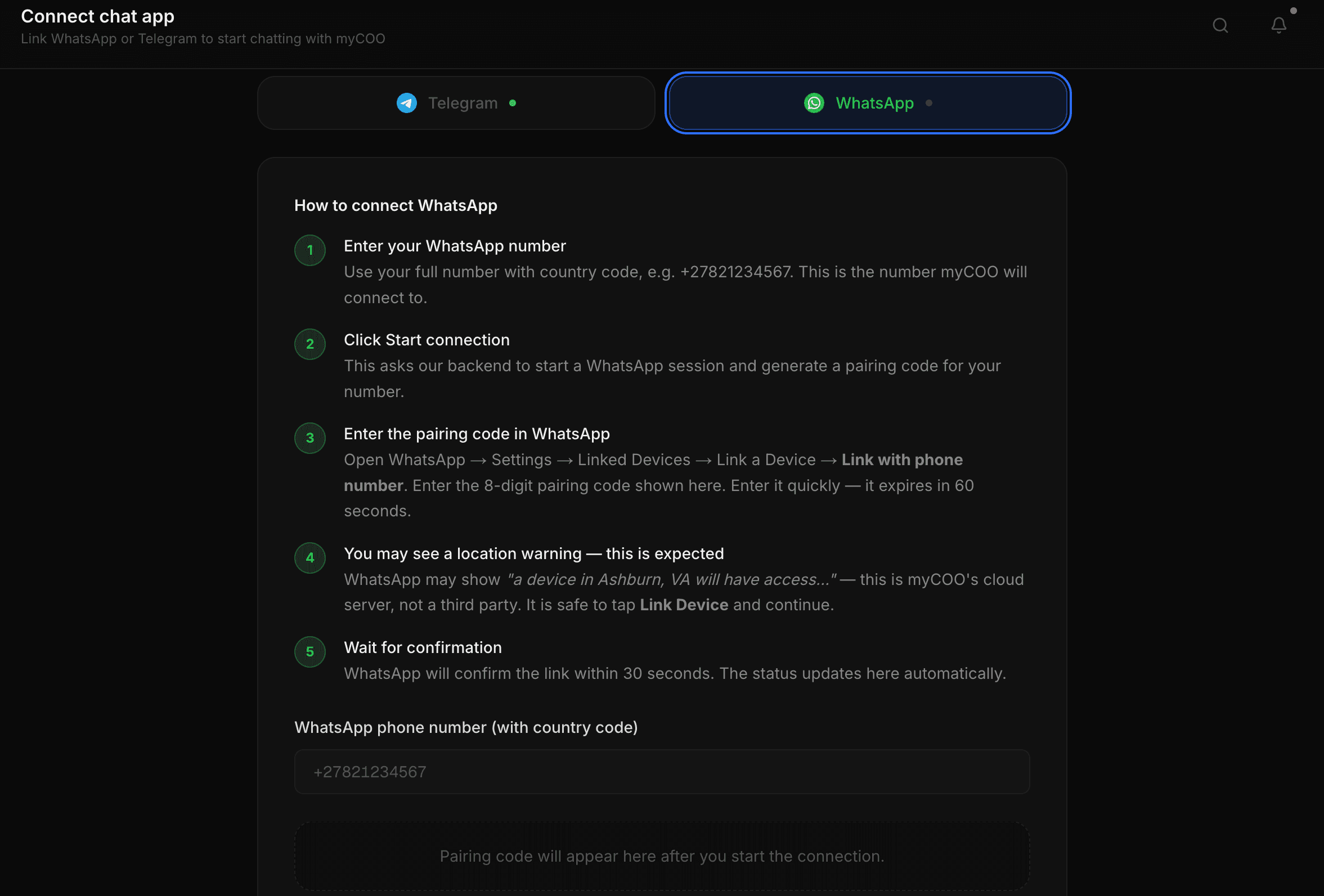 Connect WhatsApp and Telegram to myCOO